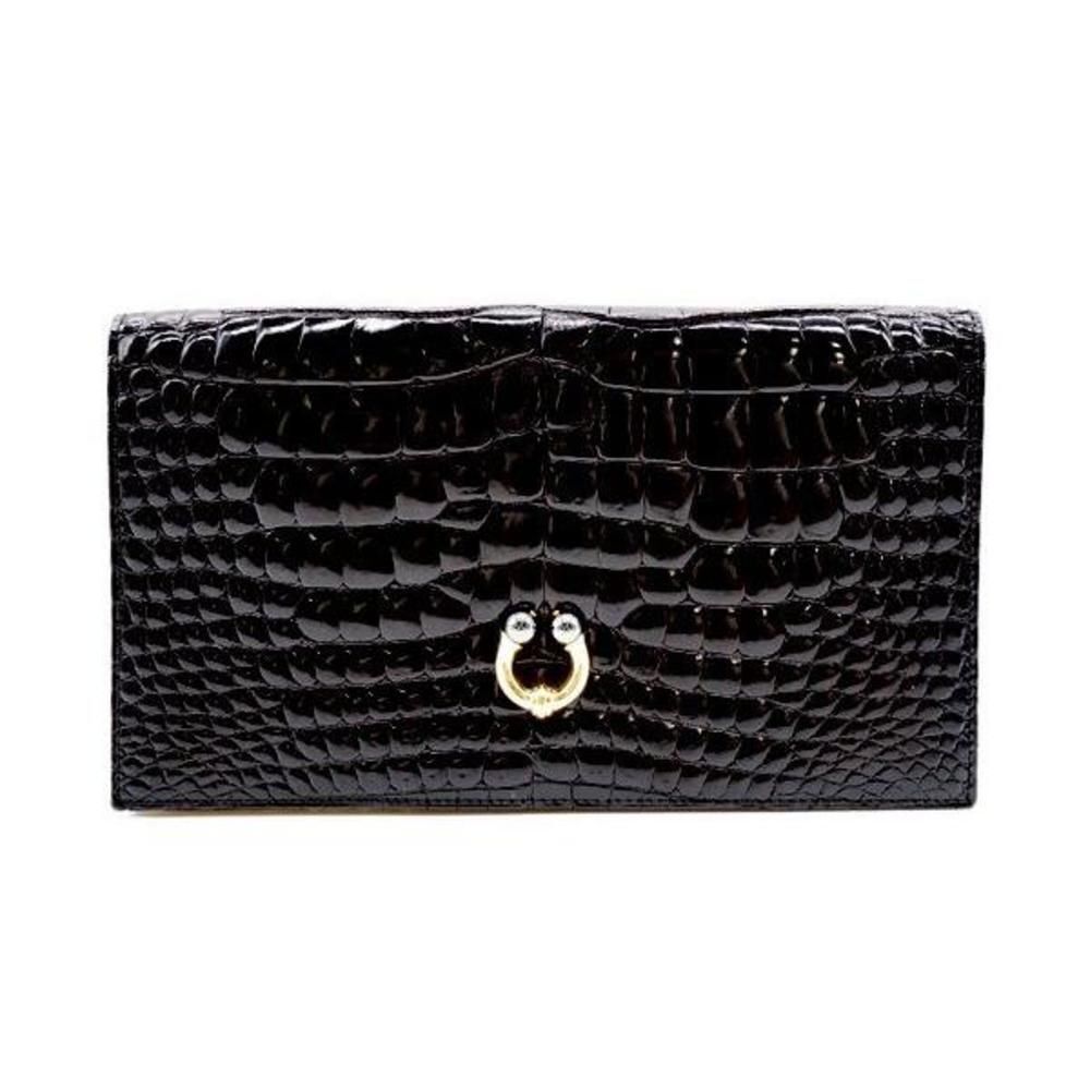 Gucci Vintage Folio Wallet Gold Hardware Crocodile Leather Black